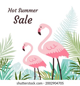 Summer sale web banner with pink flamingos and palm leaves.
Flat style. Vector illustration.