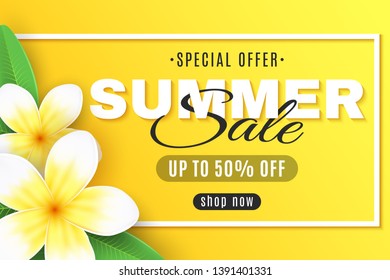 Summer sale web banner. Plumeria flowers on a yellow background in frame. Special offer. Creative decor text. Realistic tropical flowers. Summer collection. Vector illustration. EPS 10.