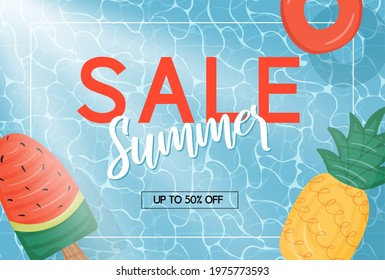 Summer sale web banner. Pool background with water texture, swimming floating mattress and sunlight. Season discount template. Vector illustration.