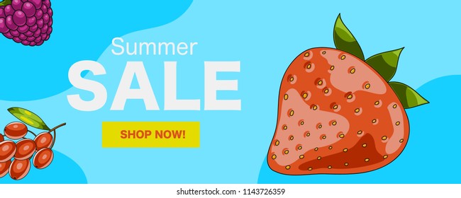 Summer sale web banner with strawberry and raspberry berries vector illustration