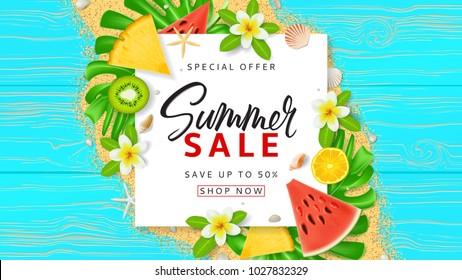 Summer sale web banner template. Top view on red sun glasses, seashells, tropical leaves, watermelon slice and plumeria flowers on wooden texture. Vector illustration with spesial discount offer.