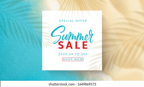 Summer sale web banner template. Top view on sea beach with soft waves. Vector illustration with plant's shadows. Seasonal discount offer.