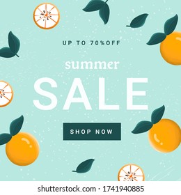 Summer sale web banner template with delicious sweet oranges  on blue background. Flat vector illustration for summer sale advertisement, discount, social media advertisement.