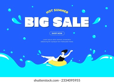 Summer sale web banner template. Colorful background layout. Girl on inflatable rubber tube. Swimming pool. Sea waves poster. Shopping event typography. Trendy flat design. Simple vector illustration.