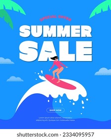 Summer sale web banner template. Colorful background layout. Happy woman surfing big wave. Swimming pool. Sea waves poster. Shopping event typography. Trendy flat design. Simple vector illustration.