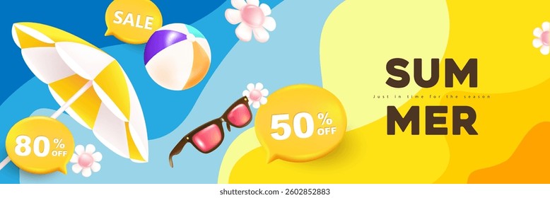 Summer sale web banner template with ripple abstract wave background and tropical beach vibes decor