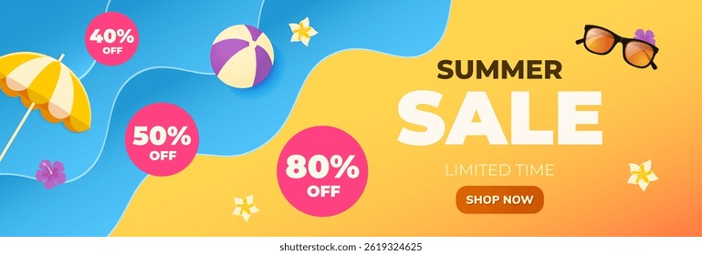 Summer sale web banner template with paper abstract wave background and tropical beach vibes decor 