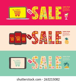 summer sale web banners - freehand drawing vector illustration