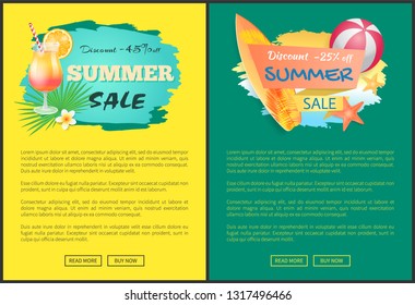 Summer sale web posters cocktail and surfboard, inflatable ball and starfish, palm leaves and flowers. Vector promo leaflets with summertime attributes