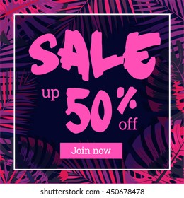 Summer sale. Web-banner or poster with palm leaves.