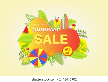 Summer sale website banner. Sale promotional material vector illustration. Design for social media banner, poster, email, newsletter, ad, leaflet, placard, brochure, flyer, web sticker
