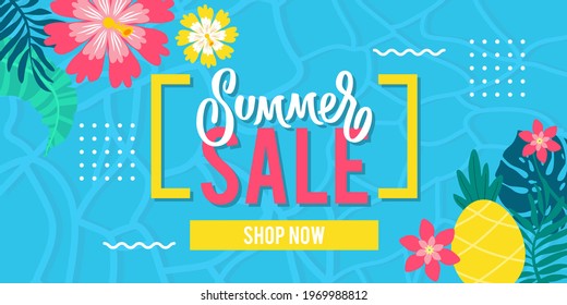 Summer Sale website banner. Sale tag. Sale promotional material vector illustration. Design for social media banner, poster, email, newsletter, ad, leaflet, placard, brochure, flyer, web sticker