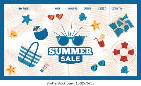 Summer sale website design, vector illustration. Vacation accessories store, landing page template. Flat icons of sunglasses, beach bag and cocktails. Summer trip items sale, online shop special offer