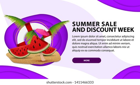 Summer sale the week of discounts, today's web banner in paper cut style with watermelon slices, palm leaves and lifeline