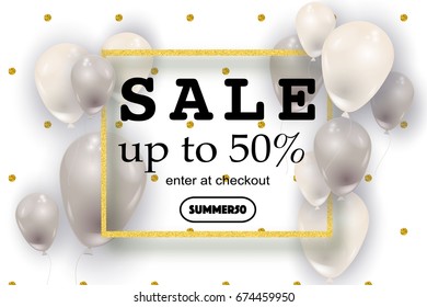 Summer sale white background, vector illustration. Gold glitter dots pattern, baloon, frame. Sale web banner, advertisement poster, flyer. Silver, white balloons backdrop.
