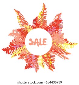 Summer sale. White circle on tropical leaves background.  Vector illustration of orange, yellow and red leaves on white background