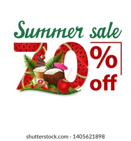 Summer sale, white stylish discount banner with numbers with watermelon texture, coconut cocktail, strawberry, raspberry, cherry and ice cream on palm leaf