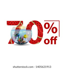 Summer sale, white stylish discount banner with numbers with watermelon texture and round aquarium with fish