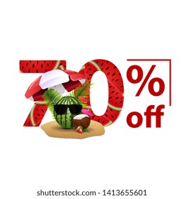 Summer sale, white stylish discount banner with numbers with watermelon texture and watermelon in glasses under a beach umbrella