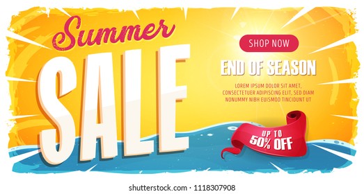 Summer Sale Wide Banner/
Illustration of a wide summer sale template banner with colorul elements, typography and grunge frame