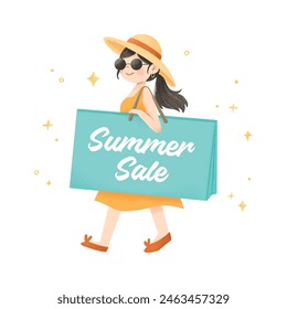 Summer Sale woman character holding shopping bag