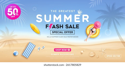 Summer sale, woman sunbathing round float, coconut tree silhouette, surfboard, beach bed on island beach sea blue background banner design, Vector illustration