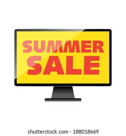 Summer sale words. Markdown, discount on High-quality computer display, monitor screen. Reduced Prices. Special offer. Shopping badge with percentage discount.