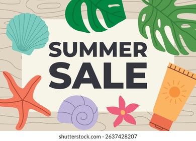 summer sale written on a paper card with sea shells, starfish, flower, SPF and monstera leaves on wooden desk; perfect for promoting summer discounts and vacation-themed campaigns- vector illustration