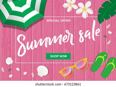 Summer sale written on wooden background with beach umbrella, sun glasses, flip flops, tropical flowers and sea shells. Vector illustration
