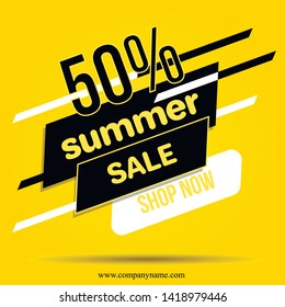 Summer sale yellow banner. Discount 50%. Yellow background.
