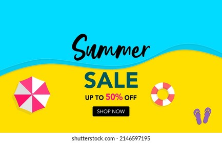 Summer Sale yellow and blue banner or poster template. Sea, Holiday, Vacation, Weekend