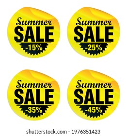 Summer sale yellow stickers set 15%, 25%, 35%, 45% off. Vector illustration