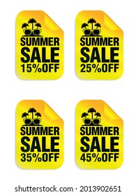 Summer sale yellow stickers set with sunglasses and palm icon. Sale stickers 15%, 25%, 35%, 45% off. Vector illustration