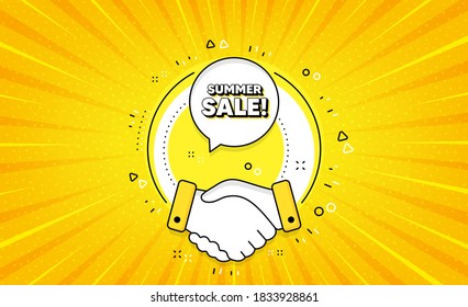 Summer Sale. Yellow vector button with handshake. Special offer price sign. Advertising Discounts symbol. Summer sale line icon. Abstract yellow background. Vector