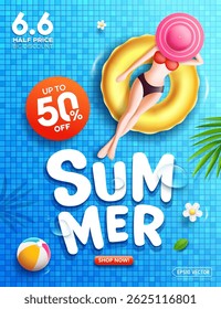 Summer sale, a young woman sunbathing on a lifebuoy in a swimming pool blue poster background, Vector illustration