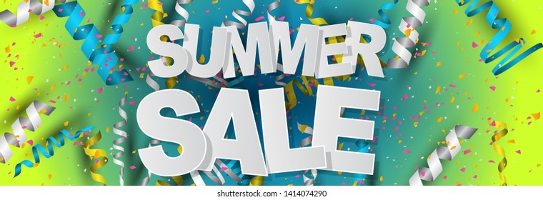 Summer salehorizontal banner design concept with confetti and ringlets on blue and green gradient background. High quality vector illustration.