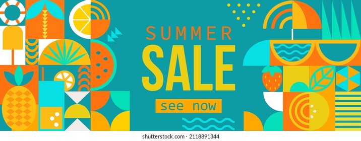 Summer sale,horizontal geometric banner with hot season symbols in geometry style.Posters,flyers design for covers,web,invitation for shopping.Template offer of big discounts deals.Vector illustration