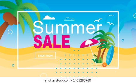 Summer Sales Advertisement in Frame over Cartoon Beach with Coconut Palms and Accessories for Rest. Vacation Discount. Cheapest Tour or Best Shopping for Holidays. Vector Flat Illustration