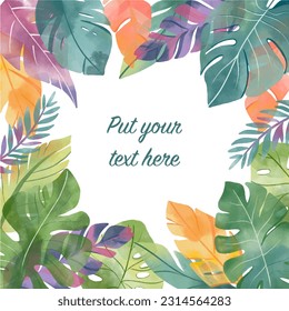 Summer sales banner with exotic leaves in watercolour style. 