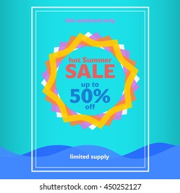 Summer sales blue poster with abstract sun and waves