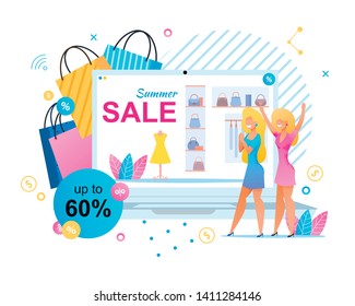 Summer Sales in Boutique for Women Metaphor Banner. Vacation Shop Tour Advertisement. Discounts up to 60 Percent. Happy Shoppers, Store Windows with Clothes, Huge Shopping Bags. Vector Illustration