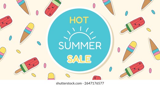Summer sales bright rectangular banner with colorful watermelon ice cream. Vector. 
