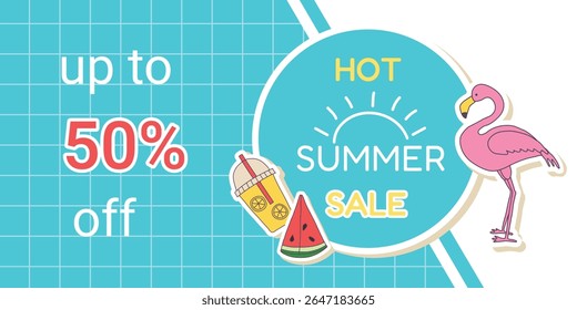 Summer sales bright rectangular banner with colorful stickers pink flamingo and fruit. Vector.