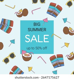 Summer sales bright square banner in blue bright and fresh colors with sunglasses. Vector. 
