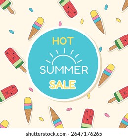 Summer sales bright square banner with colorful watermelon ice cream. Vector. 