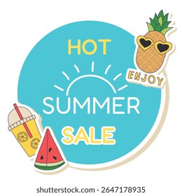 Summer sales bright square banner with colorful pineapple and fruit stickers on transparent background. Vector. - Powered by Shutterstock - Get 15% off with code: PIKWIZARD15