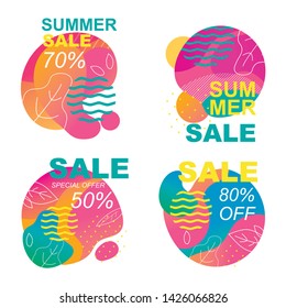 Summer Sales Cutout Cards Set Inviting to Shop. Discount Offer. Sell-out up to 50, 70, 80 Percent. Marketing Promo Flyers for Shop, Store, Retail. Vector Illustration with Tropical Leaves Silhouettes