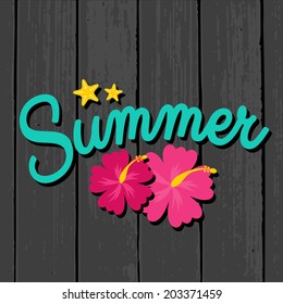 Summer sales design with hibiscus flowers in vibrant pink on a grey wooden background.