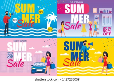 Summer Sales Discount Flat Set on Color Backdrop. Total Sell-out and Season Special Offers Announcement. Woman in Clothing Boutique, with Shopping Bags. Vector Illustration with City or Tropic Space