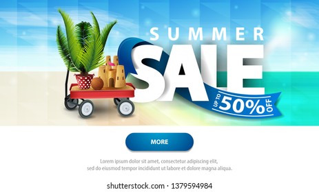 Summer sales, discount web banner template for your website with beautiful seascape, garden cart with sand, sand castle and potted palm